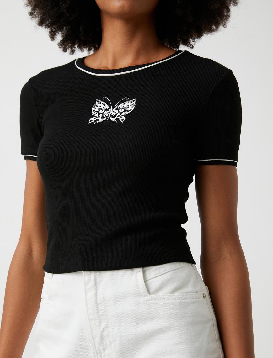   Crop Tişört Kelebek Baskılı