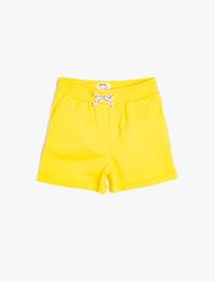 Poplin Kumaştan Cepli Süs Fiyonklu Beli Lastikli Kısa Şort