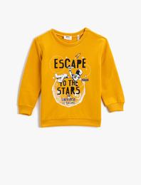 Astronot Baskılı Sweatshirt Uzun Kollu Bisiklet Yaka