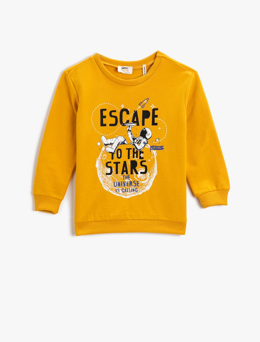  Erkek Çocuk Astronot Baskılı Sweatshirt Uzun Kollu Bisiklet Yaka