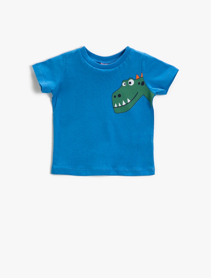 Erkek Bebek Dinozor Baskılı Kısa Kollu Tişört Pamuklu