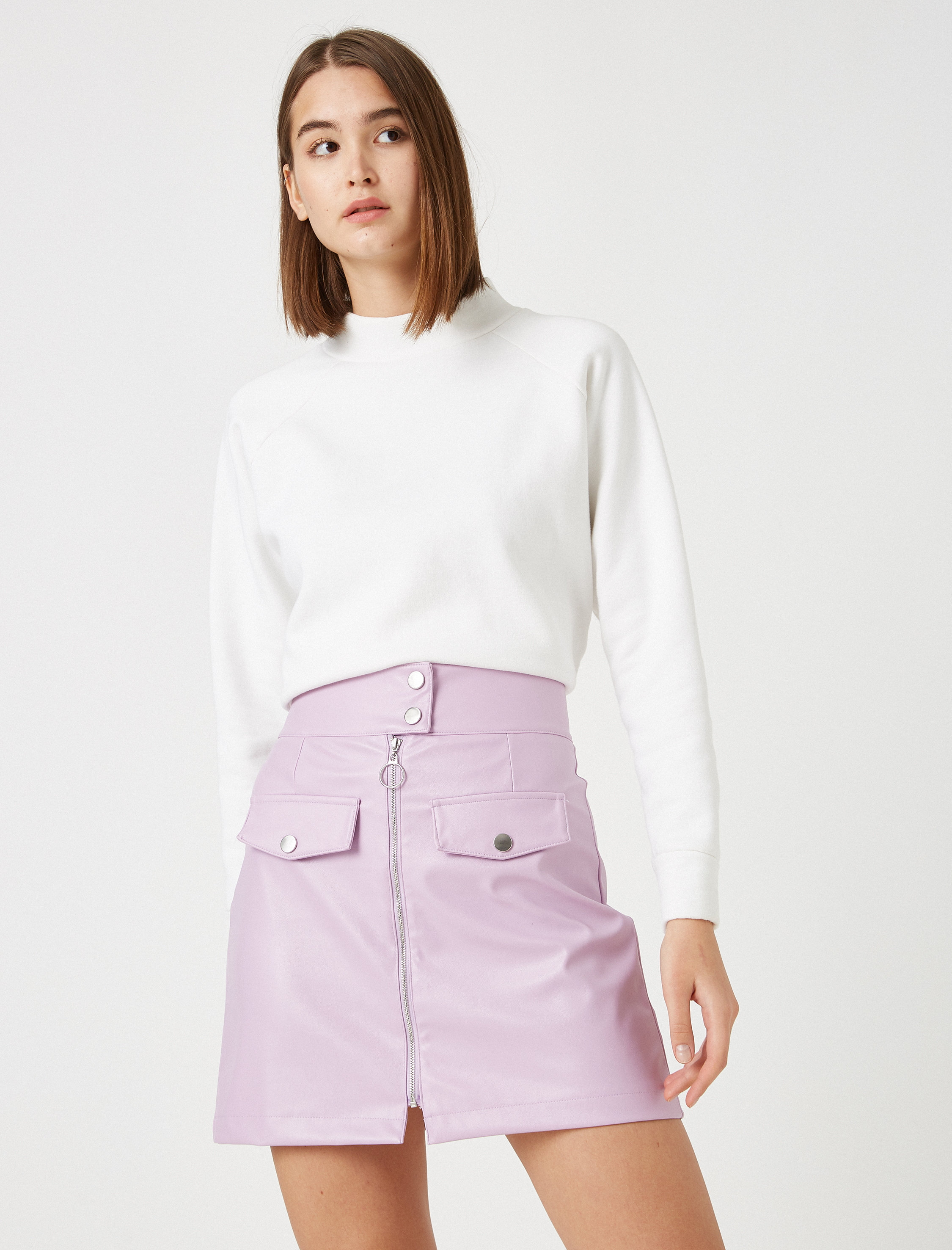   Deri Görünümlü Cepli Mini Etek