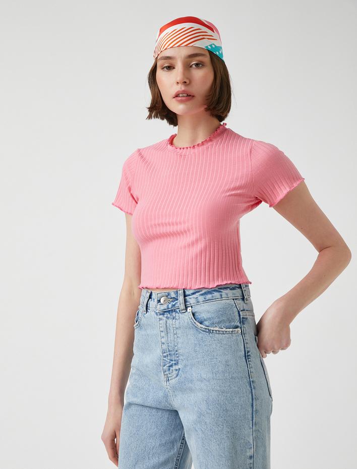  Bisiklet Yaka Kısa Kollu Crop Tişört