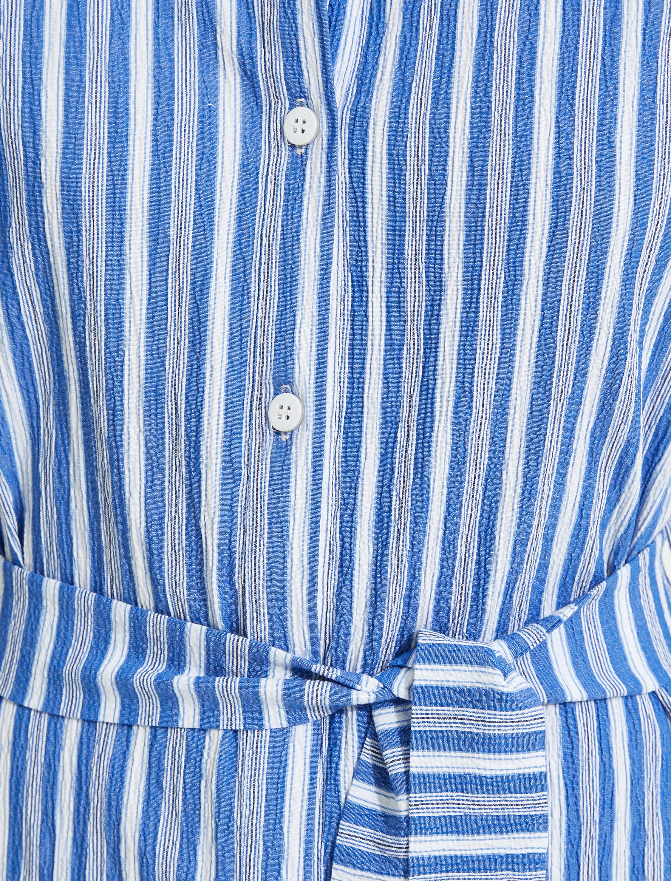   El Emeği Elbise Boncuk İşlemeli Çizgili Kısa Kollu Gömlek Yaka Kuşaklı