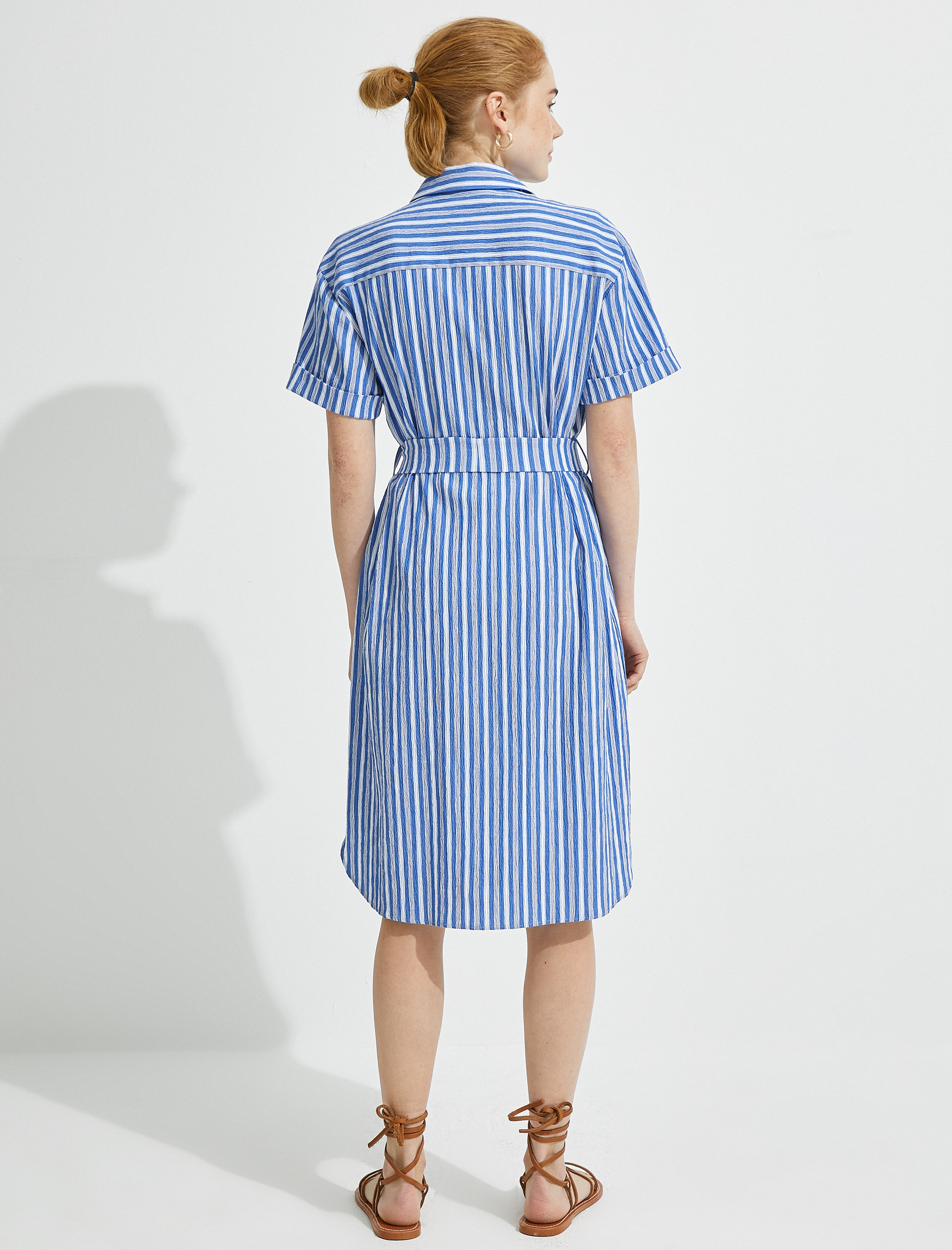   El Emeği Elbise Boncuk İşlemeli Çizgili Kısa Kollu Gömlek Yaka Kuşaklı