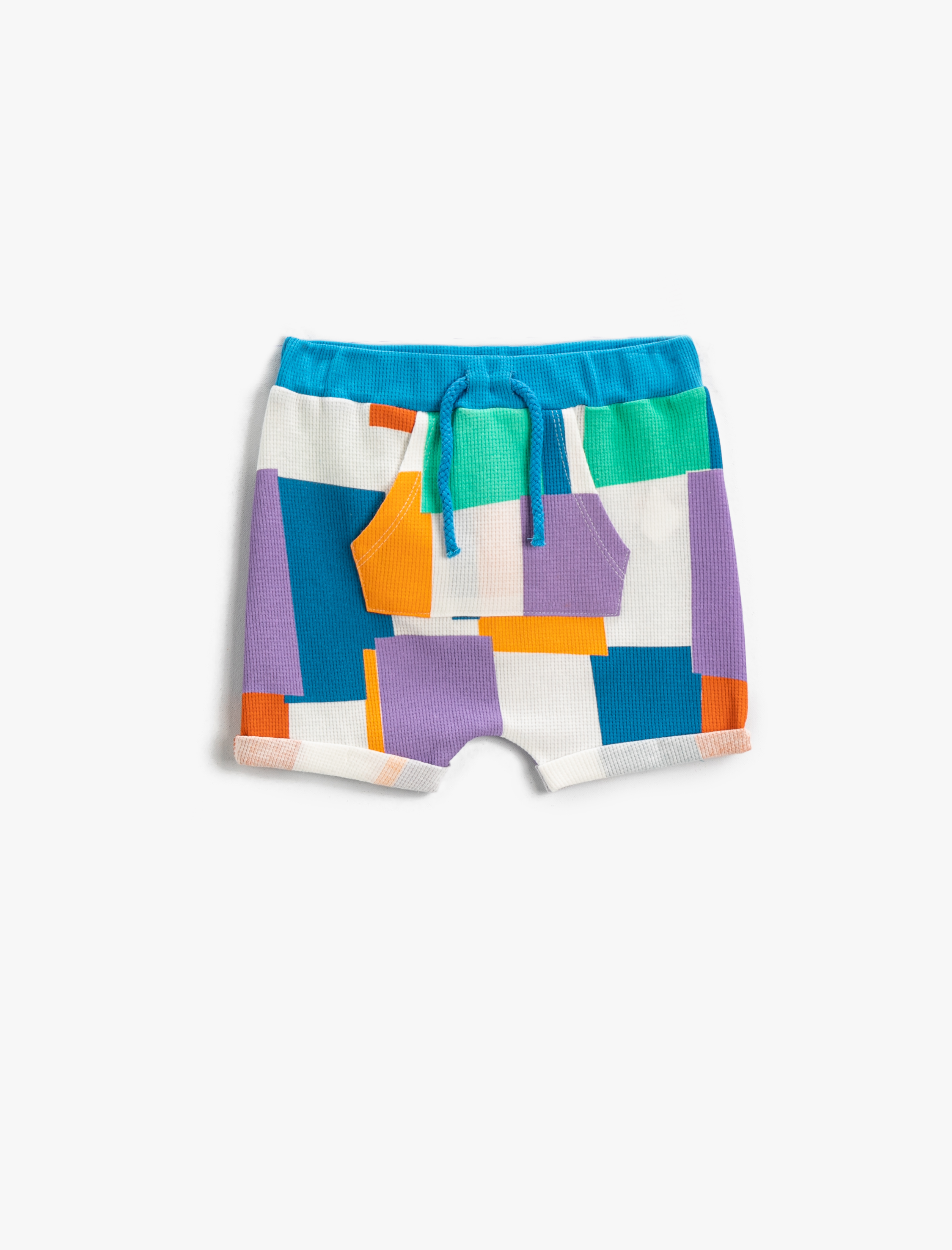  Erkek Bebek Renkli Şort Beli Bağlamalı Kanguru Cepli Pamuklu