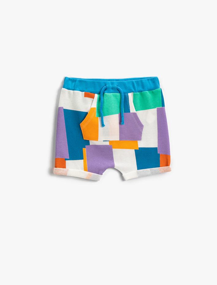 Erkek Bebek Renkli Şort Beli Bağlamalı Kanguru Cepli Pamuklu