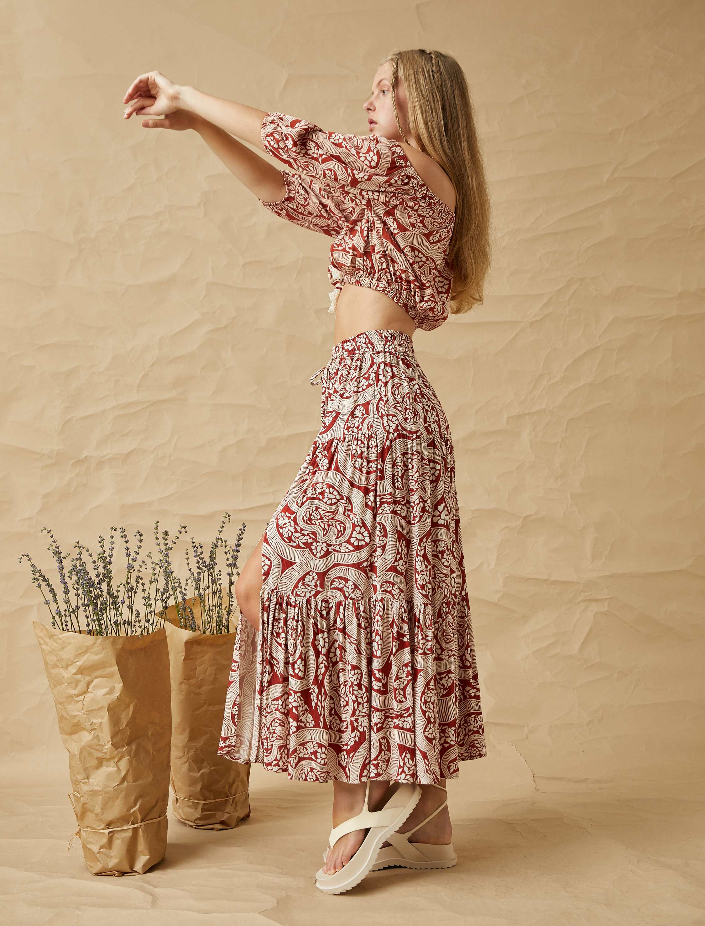   Etnik Desenli Katlı Uzun Etek