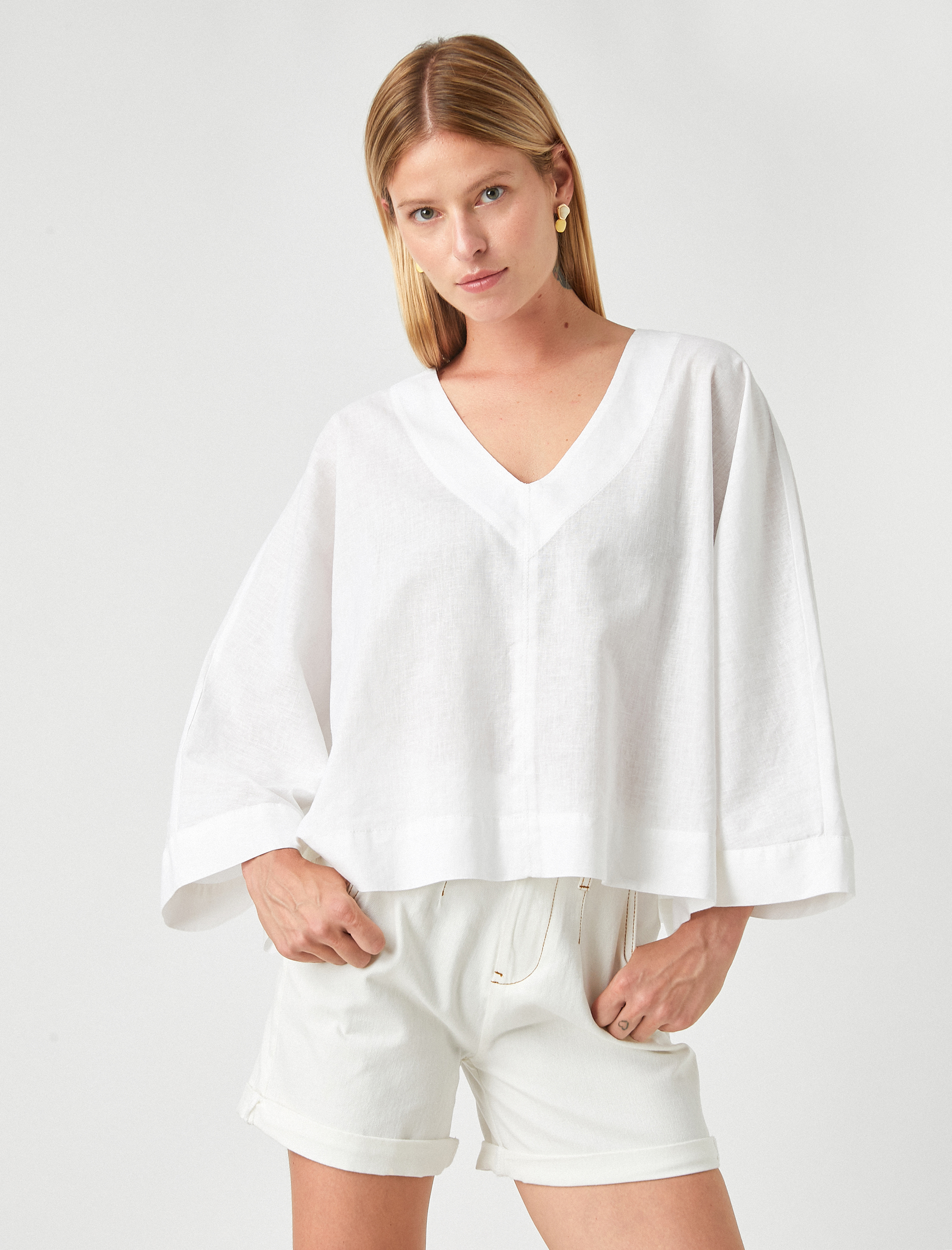   Oversize Bluz V Yaka Keten Karışımlı