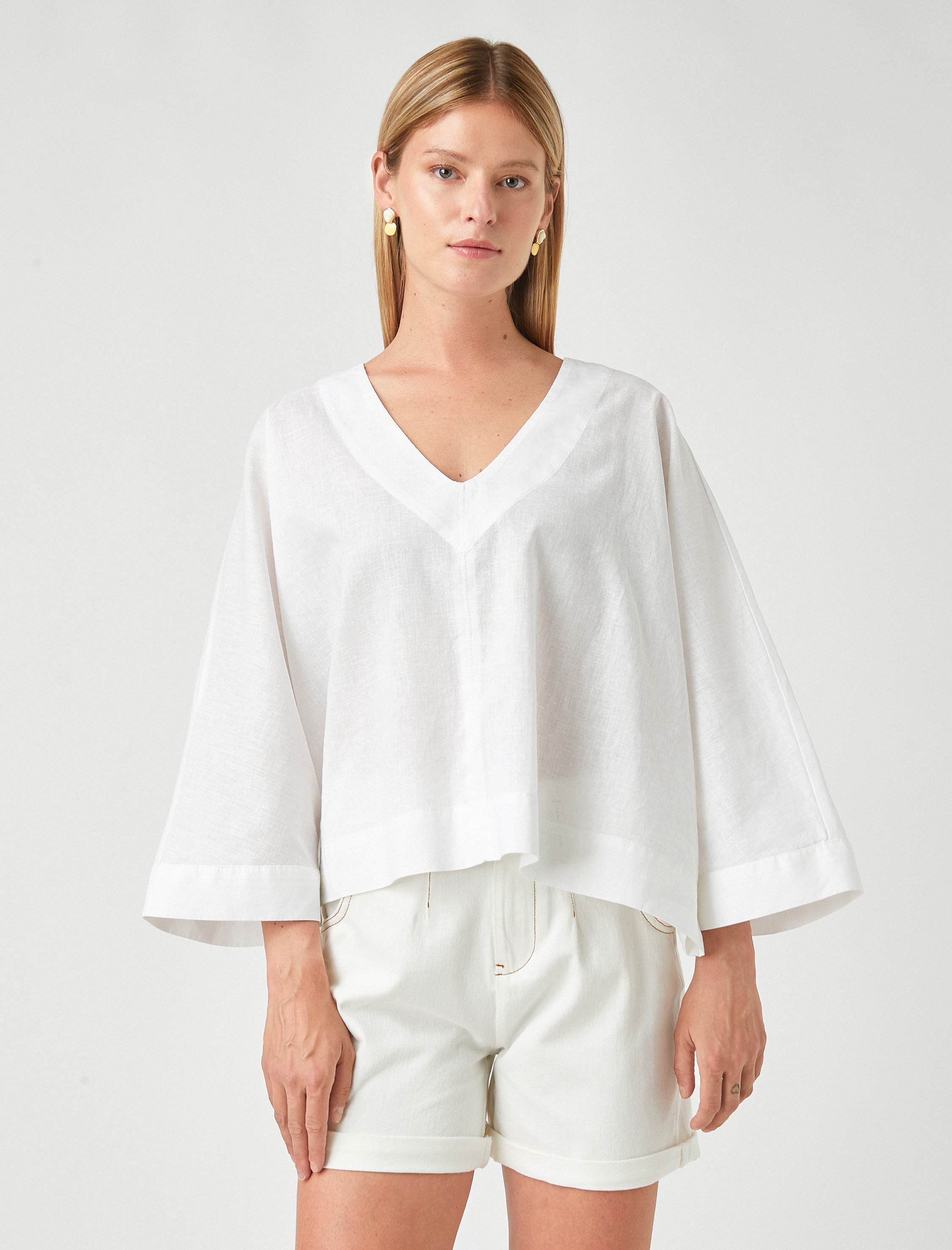   Oversize Bluz V Yaka Keten Karışımlı