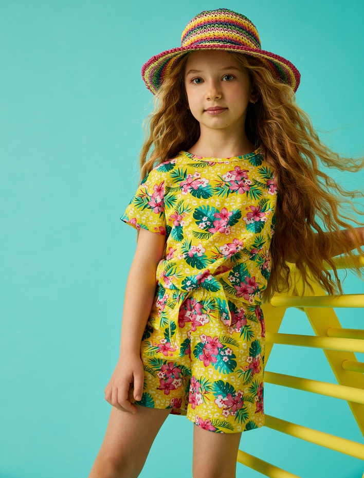 Kız Çocuk Çiçekli Beli Bağlama Detaylı Kısa Kollu Tişört