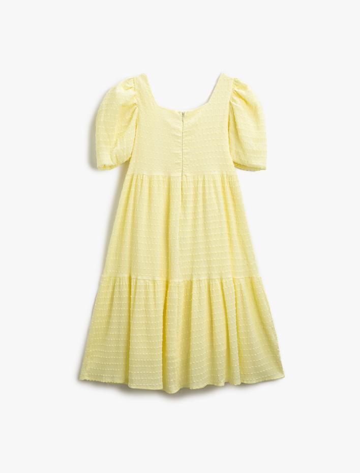 Kız Çocuk Elbise Midi Balon Kollu Fırfırlı Kare Yaka