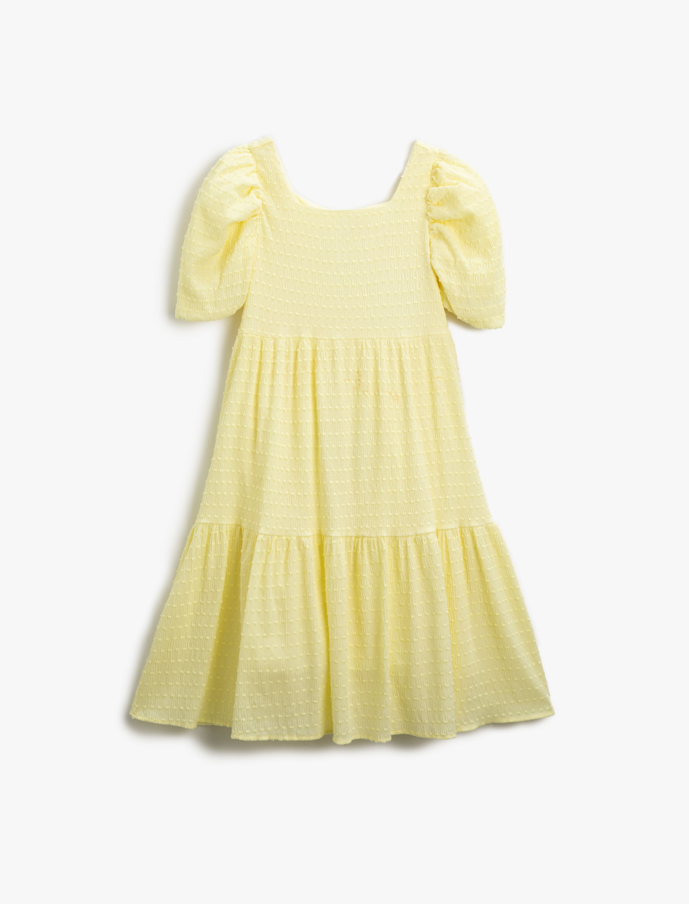  Kız Çocuk Elbise Midi Balon Kollu Fırfırlı Kare Yaka