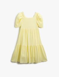 Elbise Midi Balon Kollu Fırfırlı Kare Yaka