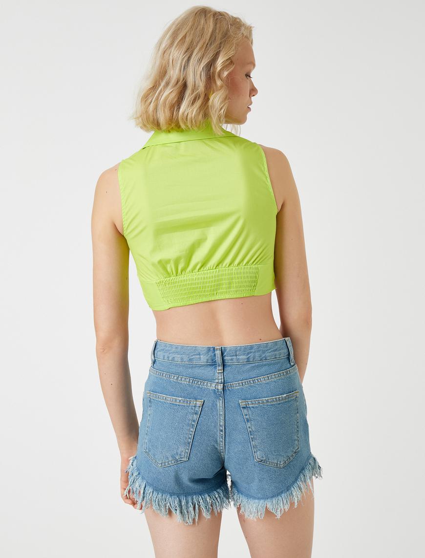   Crop Poplin Bluz Kolsuz Büzgülü Polo Yaka