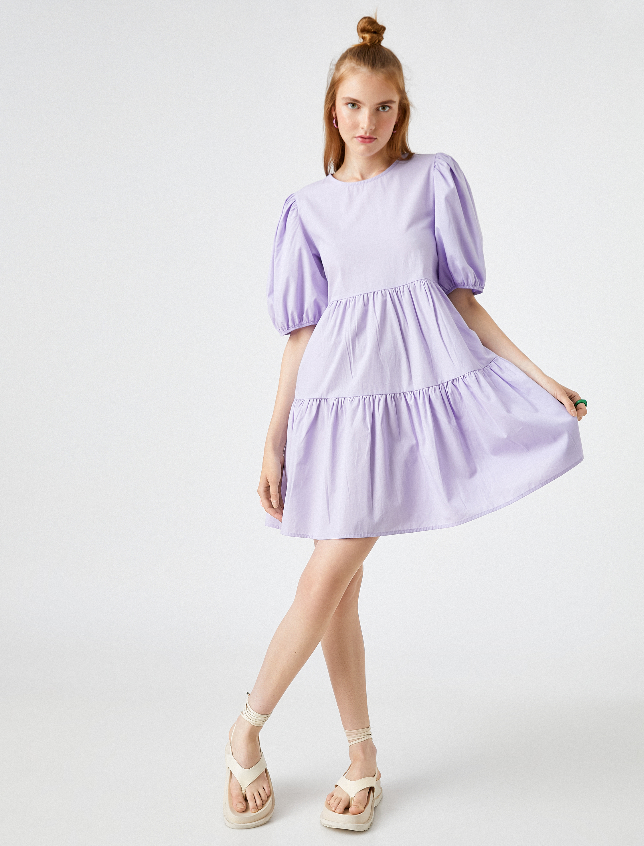   Balon Kol Elbise Bisiklet Yaka Fiyonk Detaylı