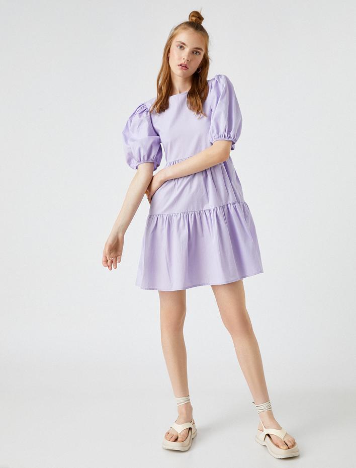  Balon Kol Elbise Bisiklet Yaka Fiyonk Detaylı