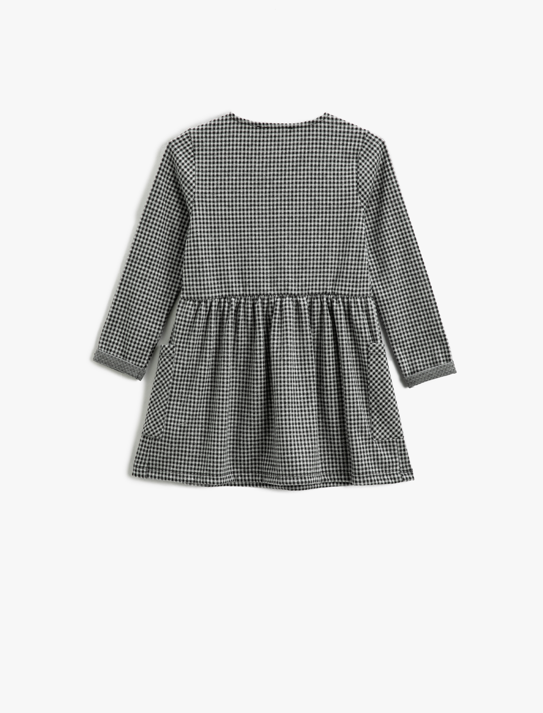  Kız Çocuk Kareli Uzun Kollu Elbise Cepli