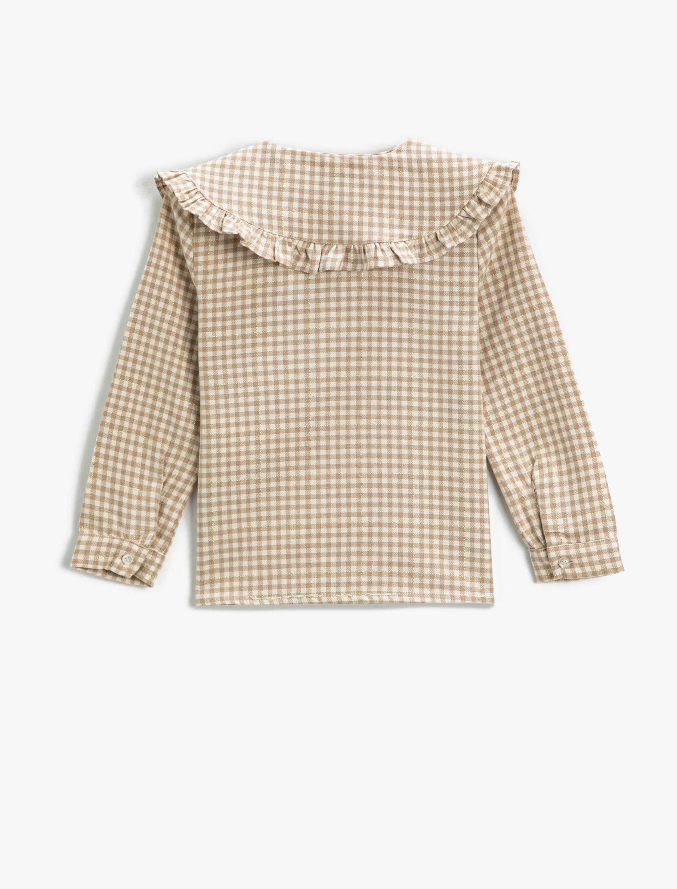  Kız Çocuk Geniş Fırfır Detaylı Bebe Yaka Gömlek Düğmeli Uzun Kollu