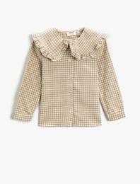 Geniş Fırfır Detaylı Bebe Yaka Gömlek Düğmeli Uzun Kollu