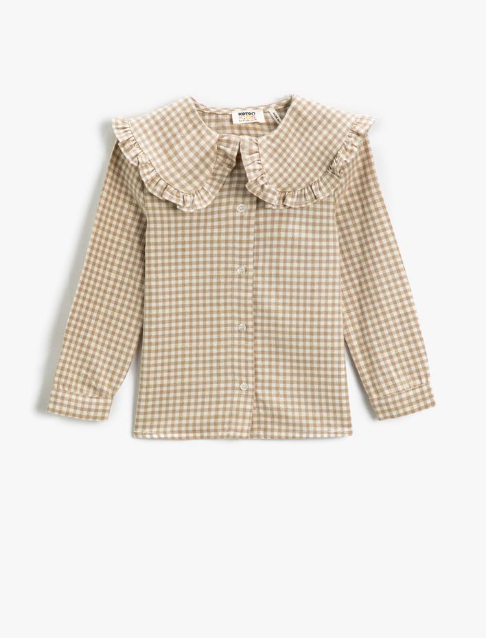 Kız Çocuk Geniş Fırfır Detaylı Bebe Yaka Gömlek Düğmeli Uzun Kollu