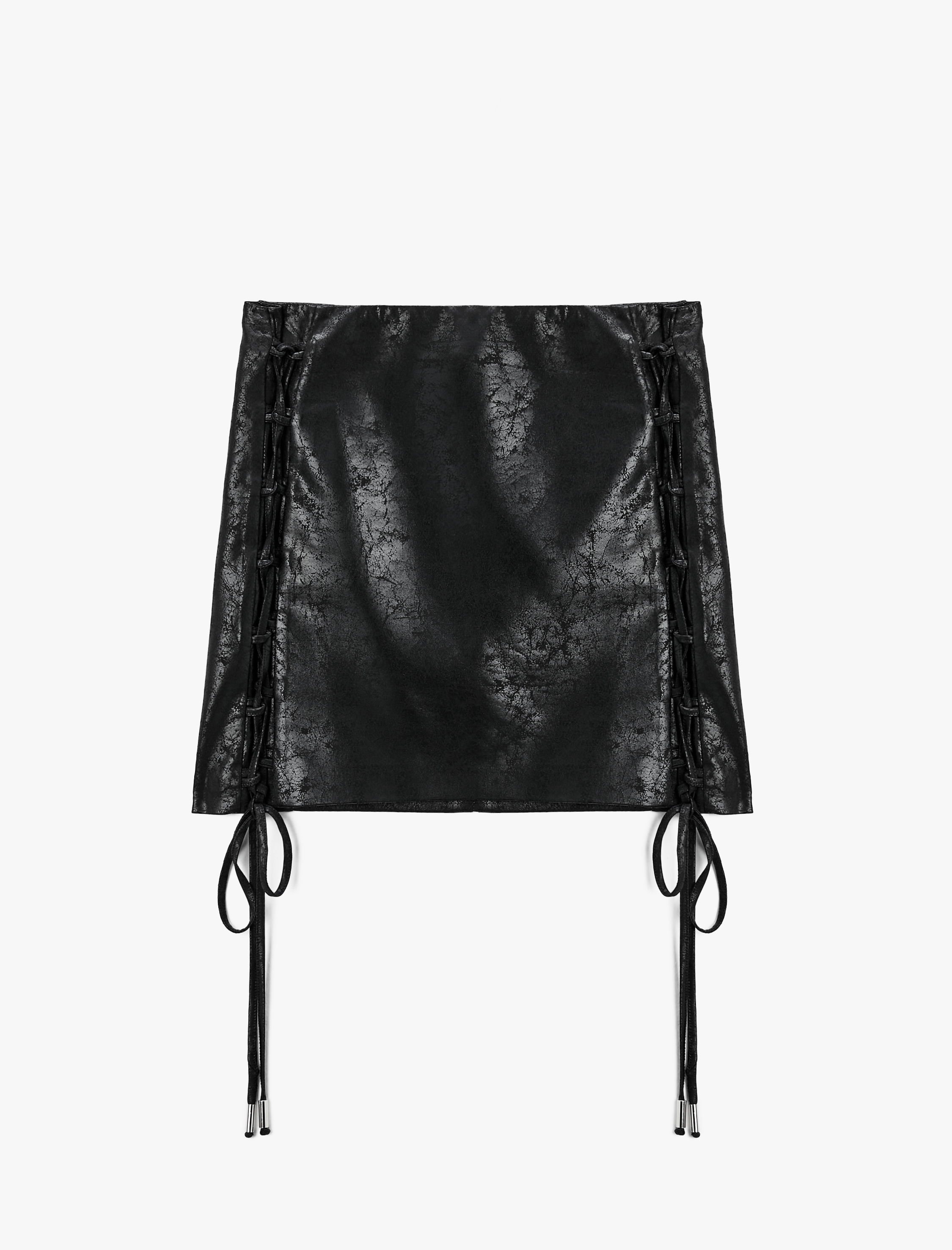   Yanları Bağlama Detaylı Suni Deri Mini Etek