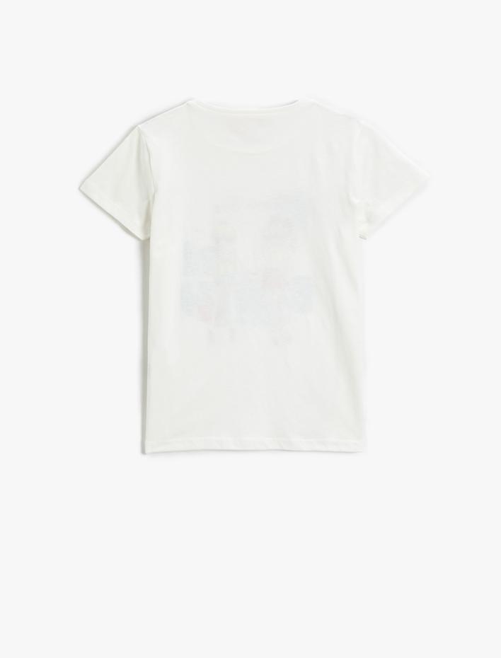 Kız Çocuk Baskılı Simli Kısa Kollu Tişört Bisiklet Yaka Pamuklu