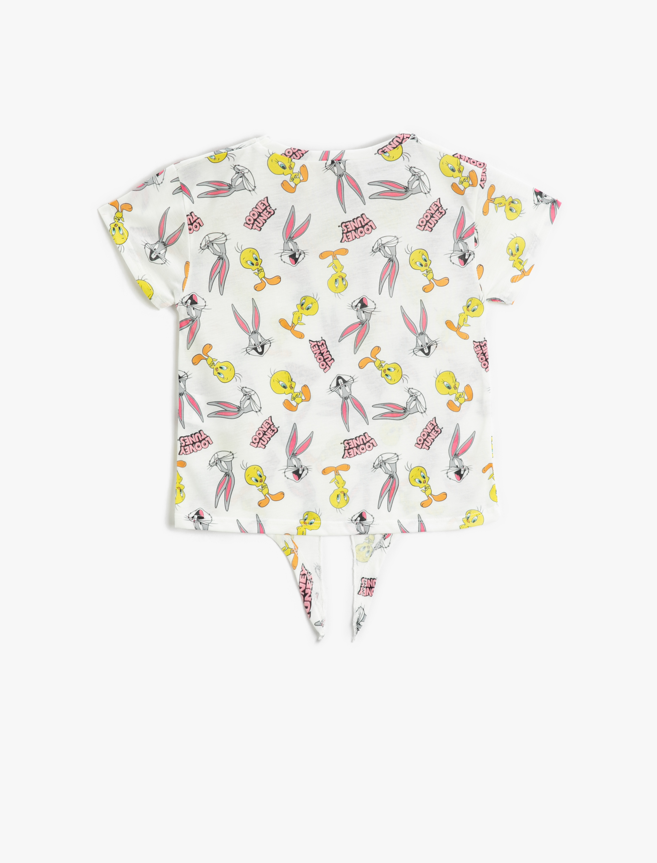  Kız Çocuk Buggs Bunny ve Tweety Baskılı Tişört Lisanslı Kısa Kollu Beli Bağlamalı