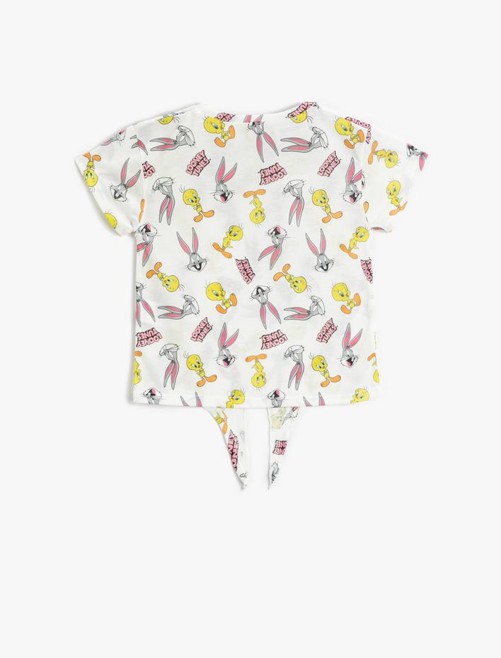 Kız Çocuk Buggs Bunny ve Tweety Baskılı Tişört Lisanslı Kısa Kollu Beli Bağlamalı
