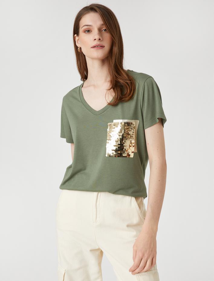  Payet İşlemeli Tişört Kısa Kollu V Yaka