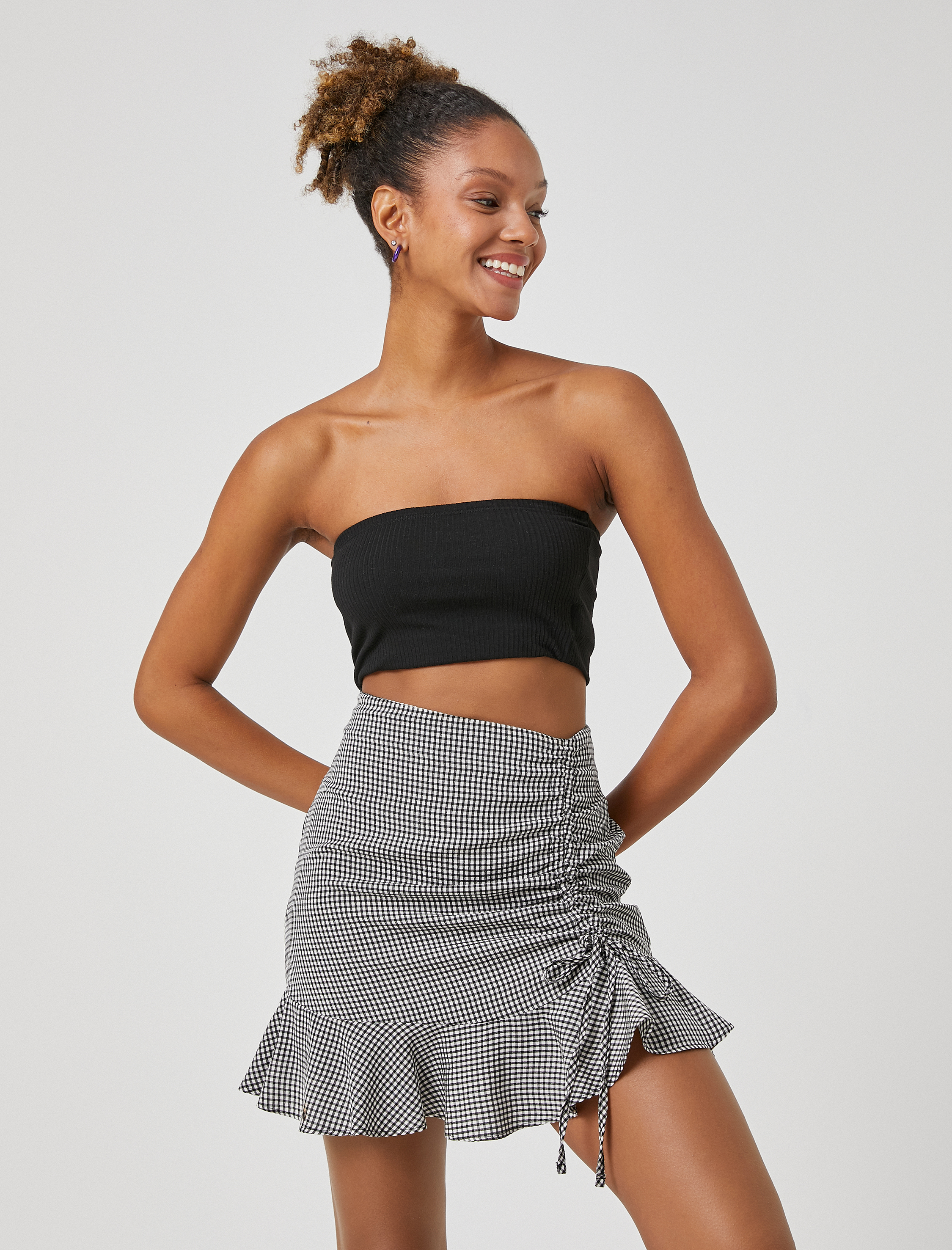   Mini Etek Viskon Fırfırlı Kareli Drapeli