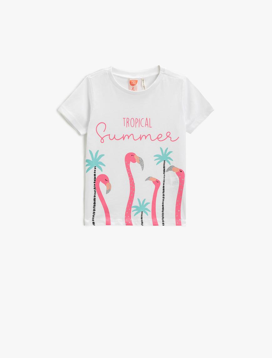  Kız Bebek Flamingo Baskılı Tişört Kısa Kollu Bisiklet Yaka Simli