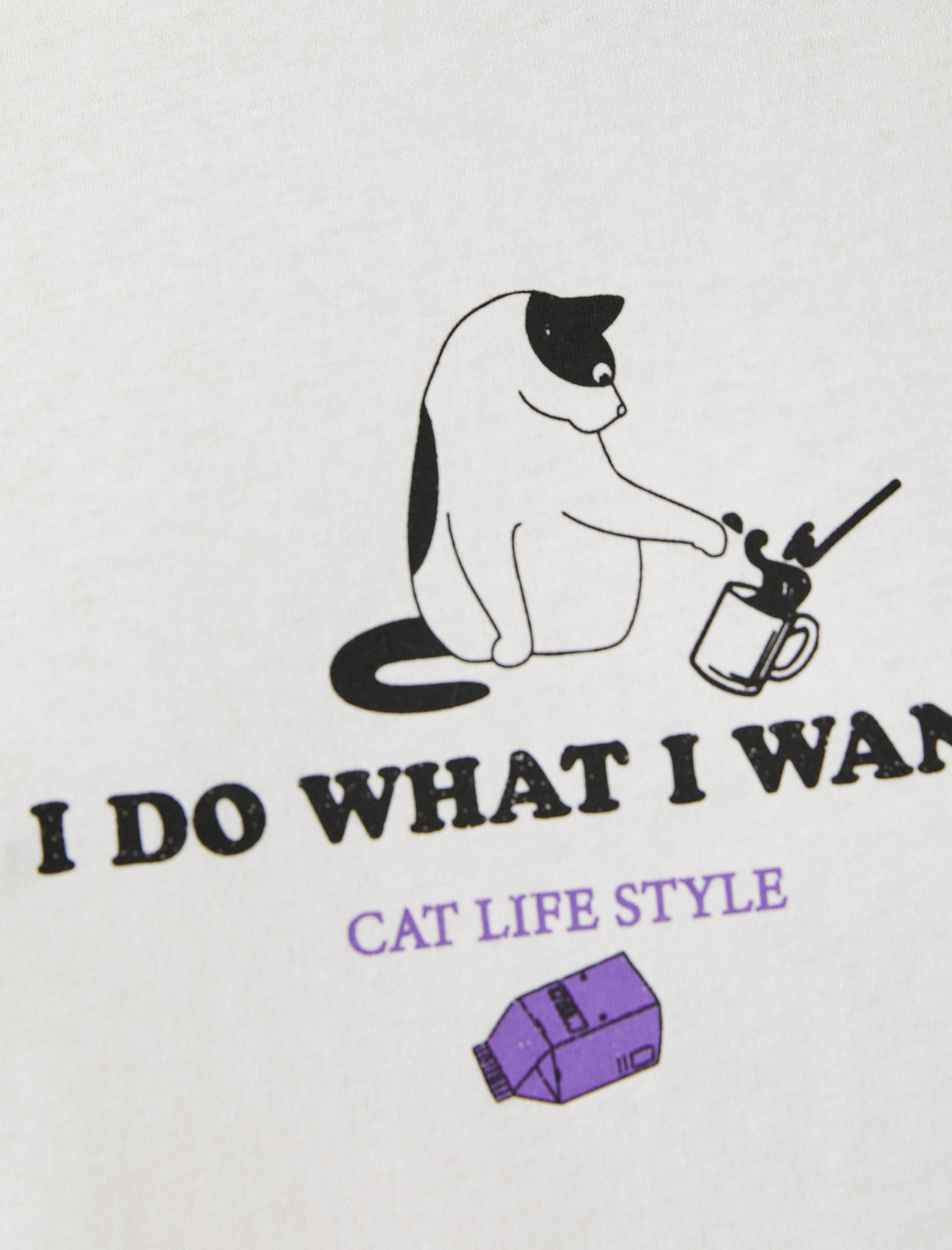   Kısa Kollu Tişört Bisiklet Yaka Kedi Baskılı Rahat Kesim