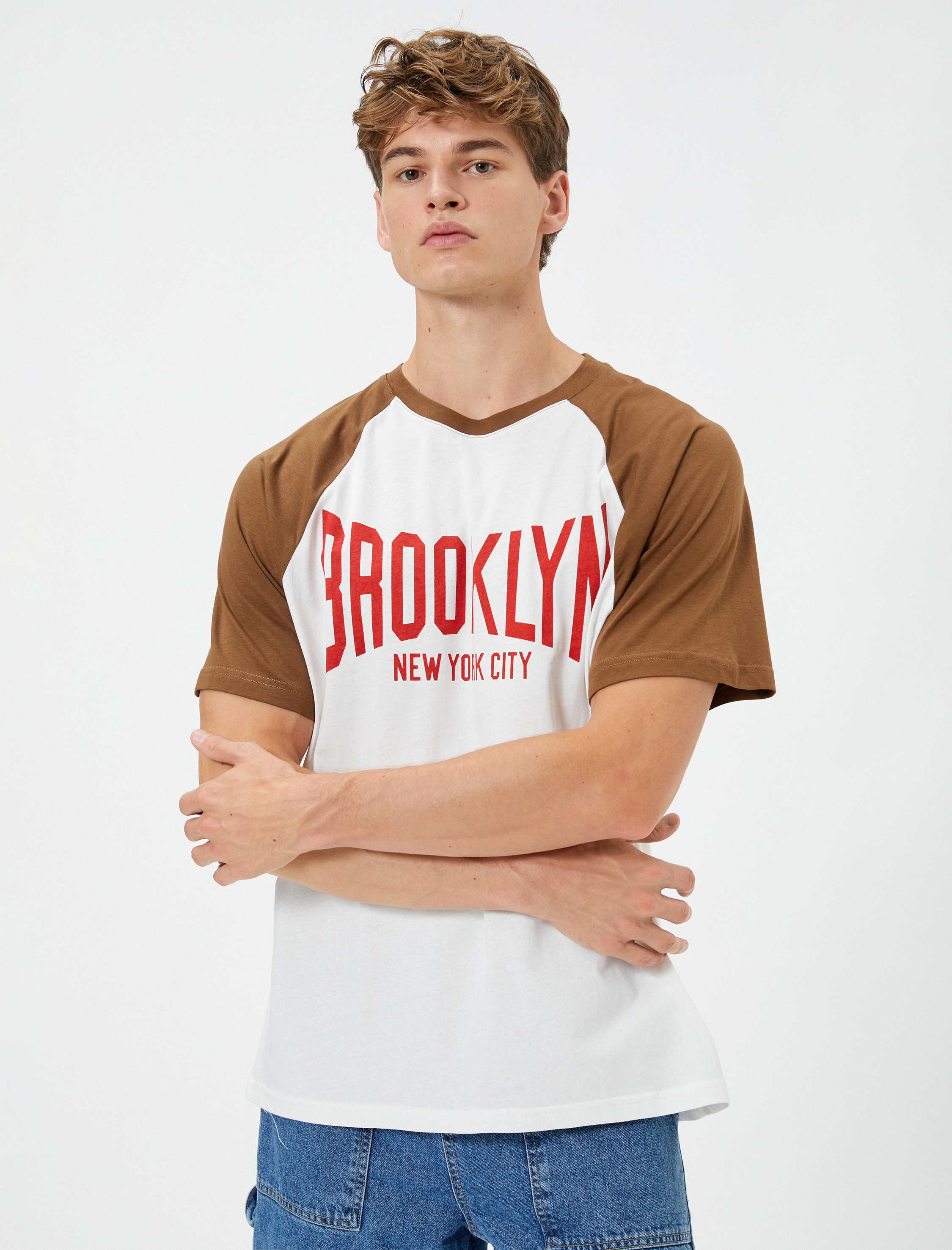   Kolej Tişört Reglan Kol Baskılı Bisiklet Yaka Kısa Kollu