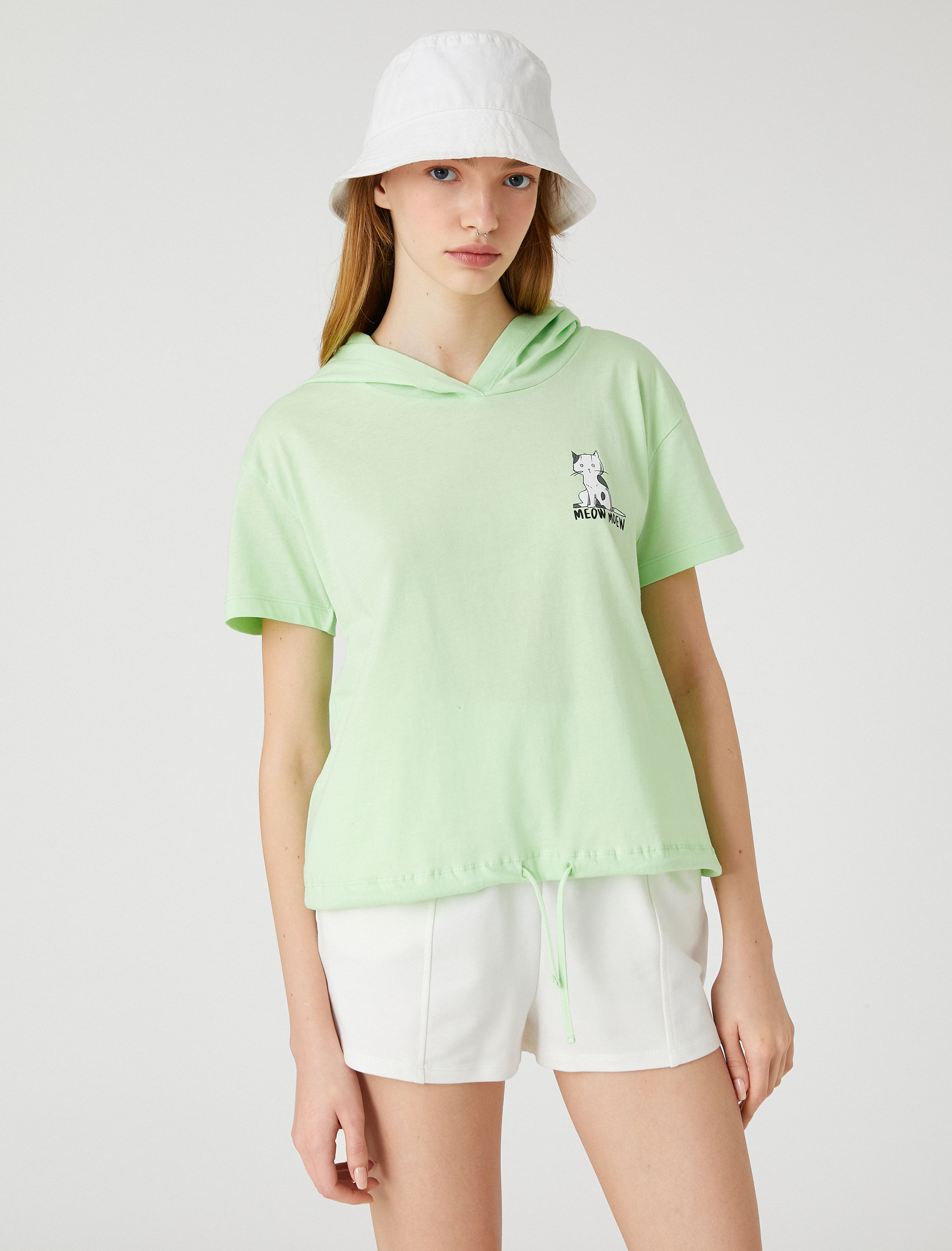   Kapüşonlu Tişört Pamuklu Kısa Kollu Kedi Baskılı