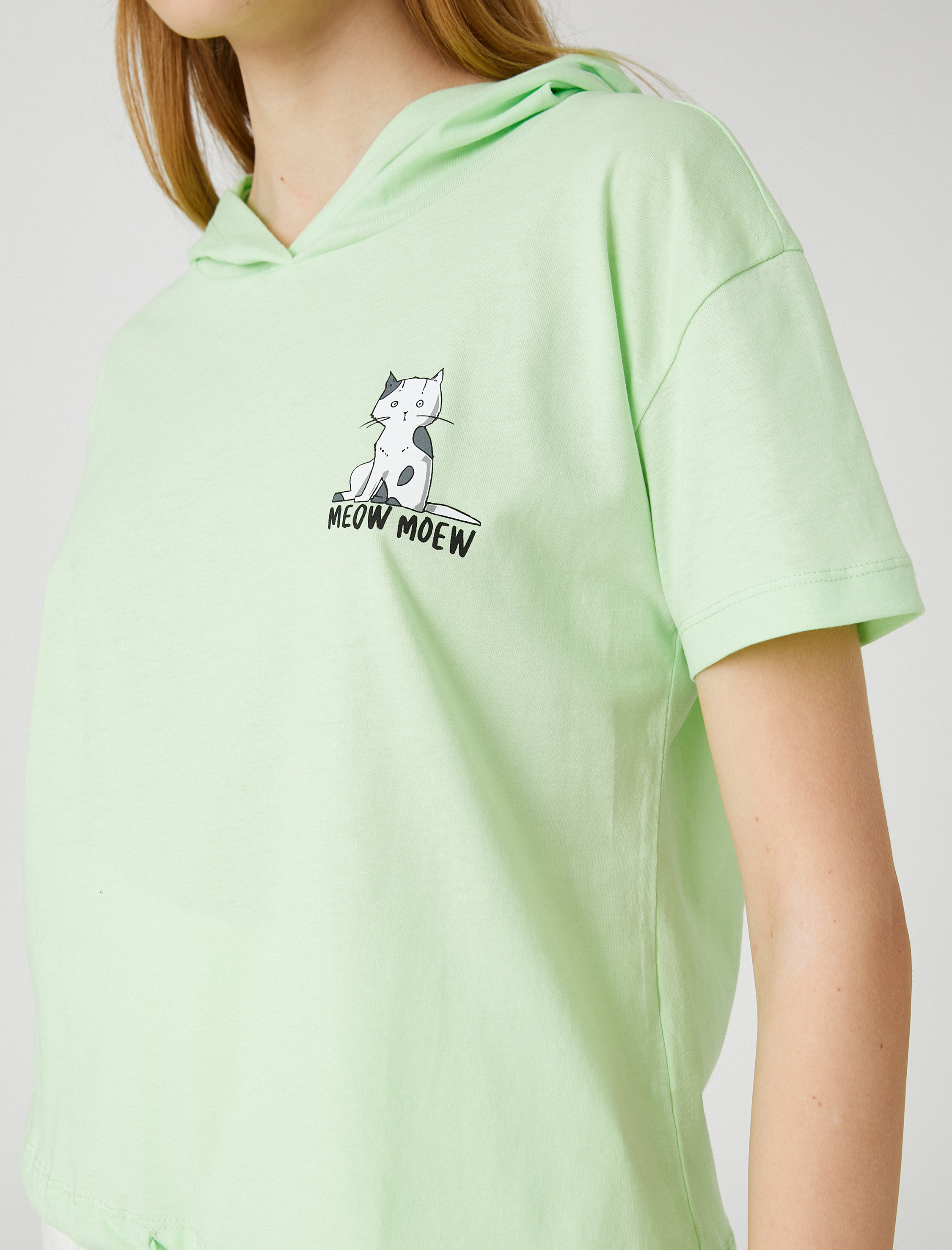   Kapüşonlu Tişört Pamuklu Kısa Kollu Kedi Baskılı