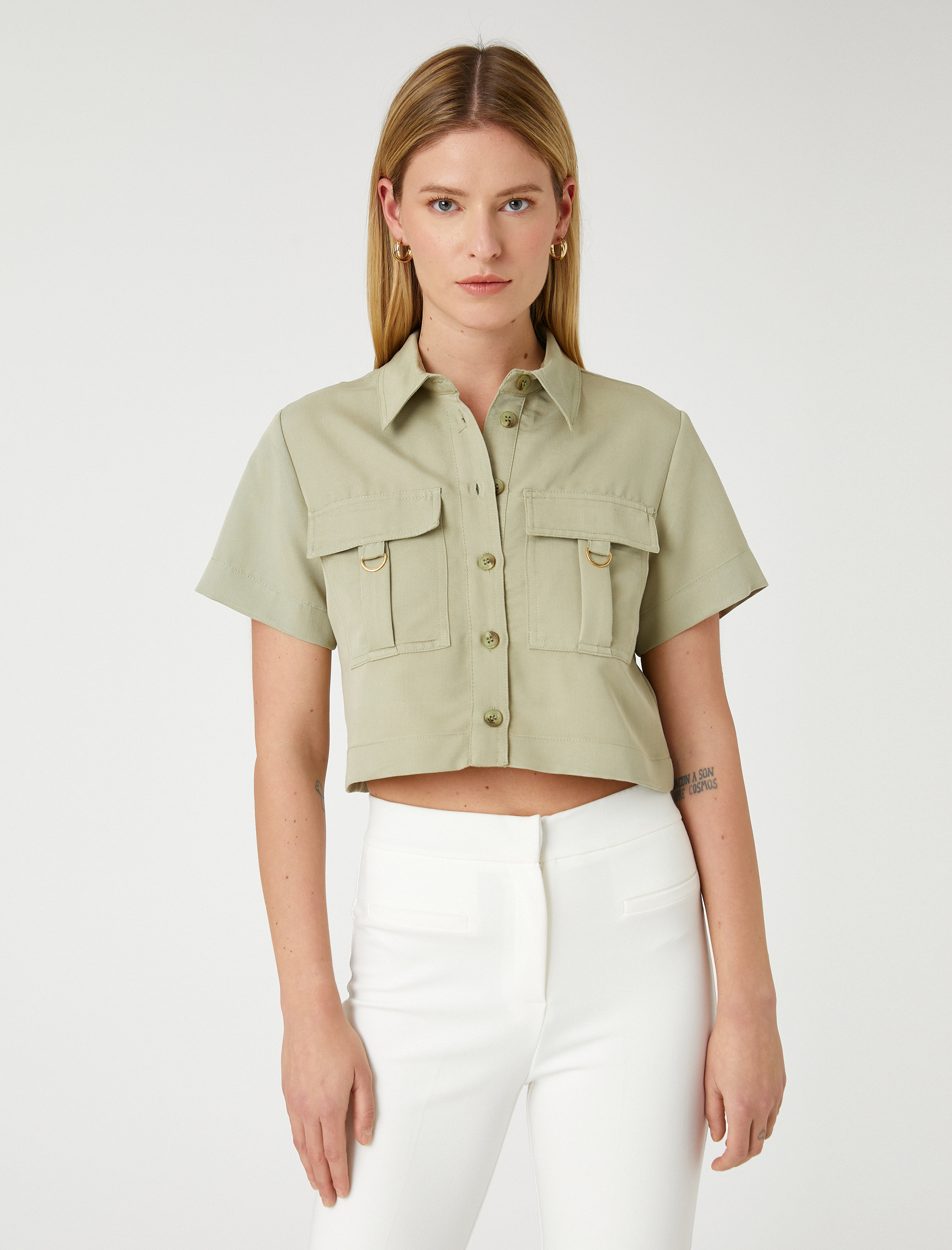   Outdoor Görünümlü Crop Gömlek Cepli Düğmeli Modal