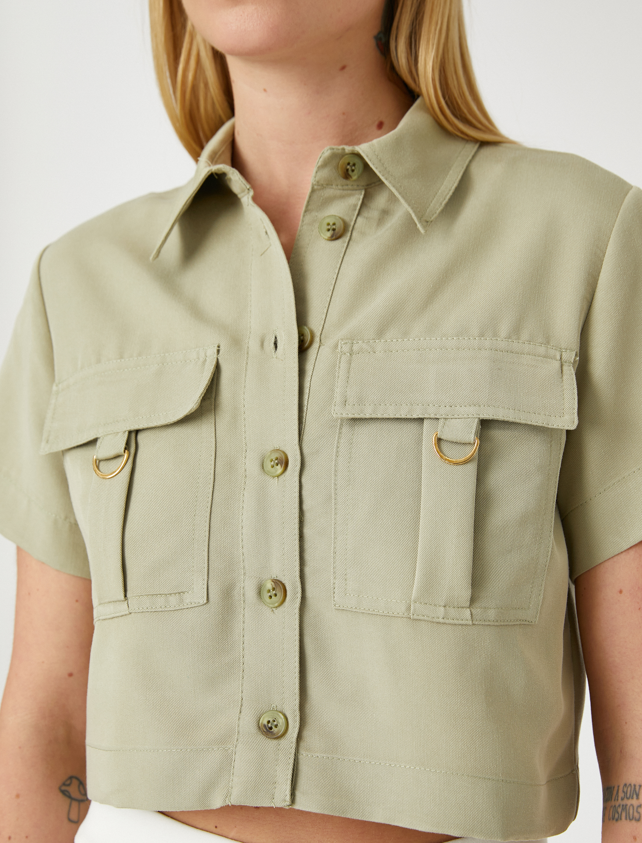   Outdoor Görünümlü Crop Gömlek Cepli Düğmeli Modal