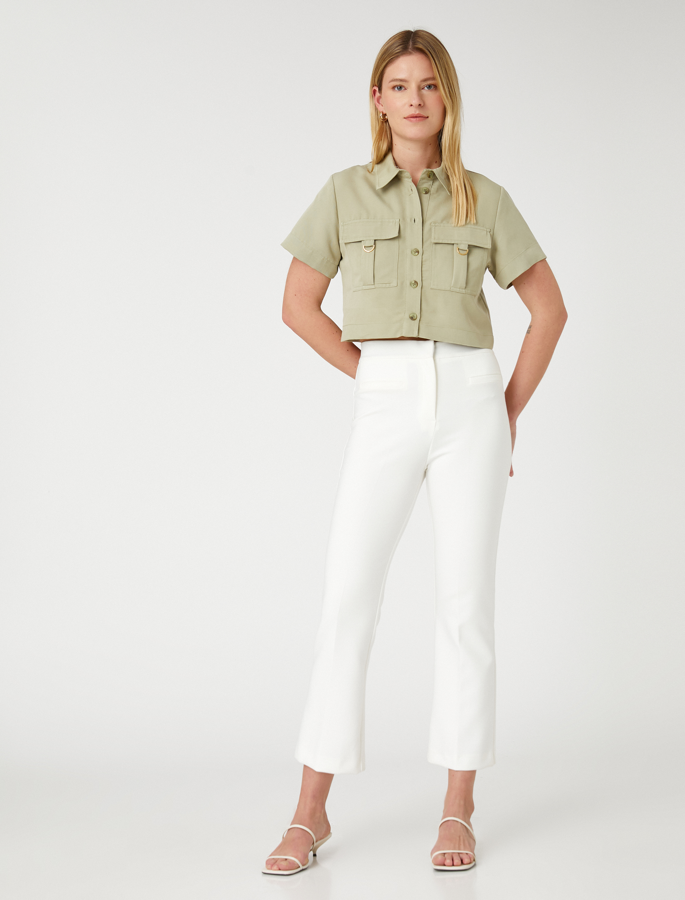   Outdoor Görünümlü Crop Gömlek Cepli Düğmeli Modal