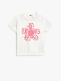 Çiçek Baskılı Kısa Kollu Tişört Bisiklet Yaka