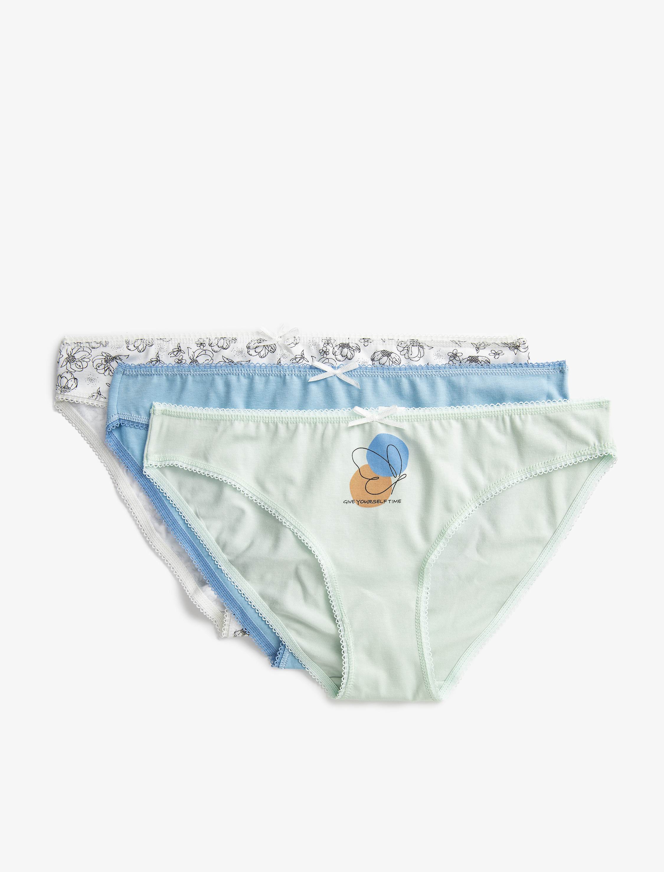   Pamuklu Külot 3'lü Brief Farklı Desenlerde Kurdele Detaylı