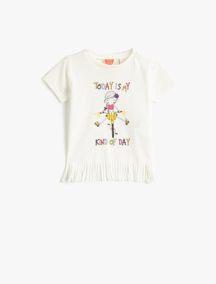 Kız Bebek Kısa Kollu Püsküllü Tişört Bisiklet Yaka Baskılı