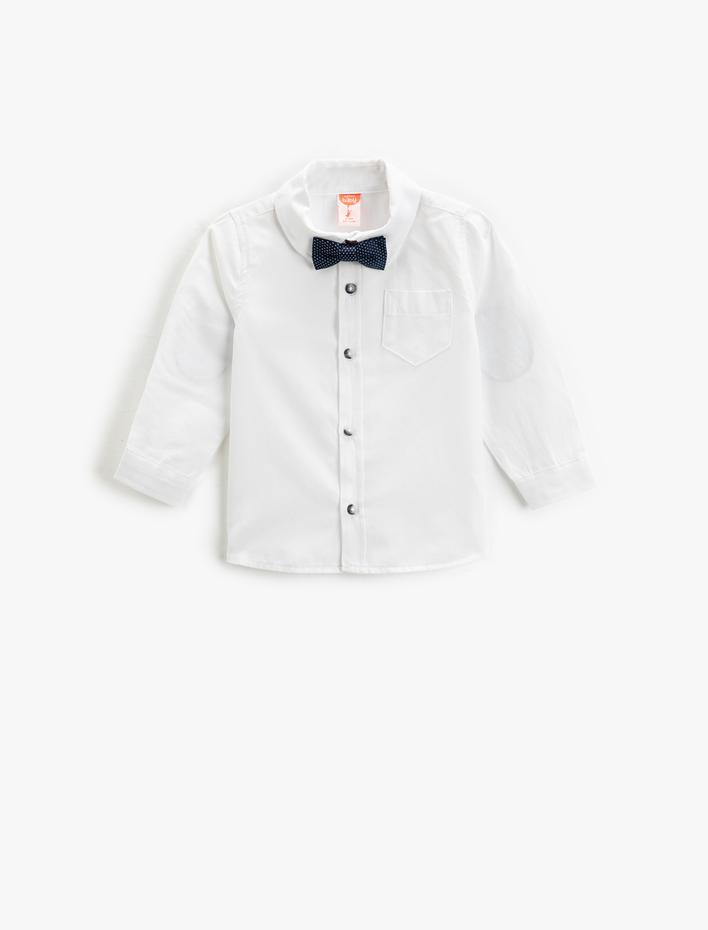 Erkek Bebek Papyonlu Gömlek Uzun Kollu Yama Detaylı Tek Cepli