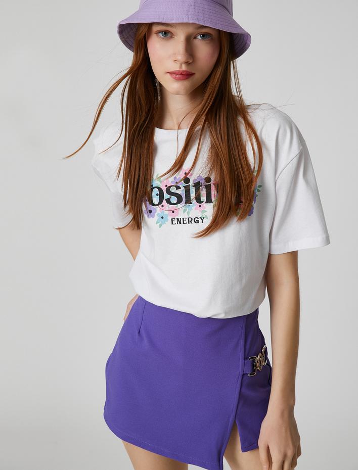  Crop Tişört Slogan Baskılı Bisiklet Yaka Kısa Kollu