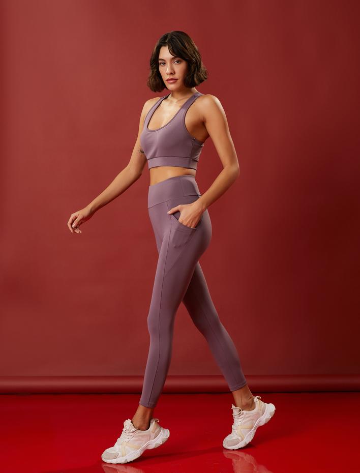  Sporcu Tayt Cep Detaylı Yüksek Bel Şardonlu