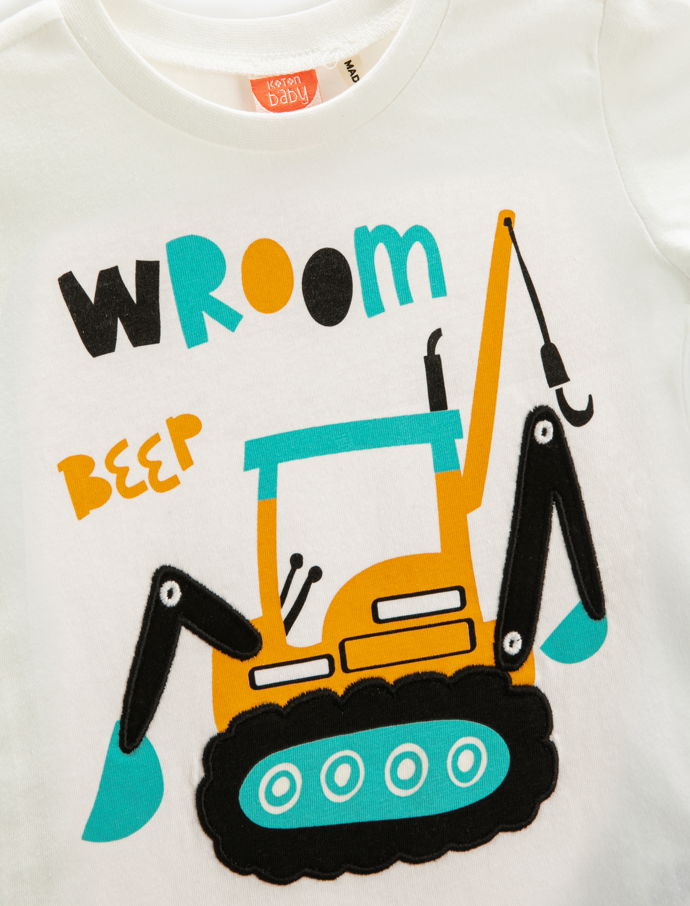  Erkek Bebek Pamuklu Tişört Buldozer Baskılı Kısa Kollu Bisiklet Yaka