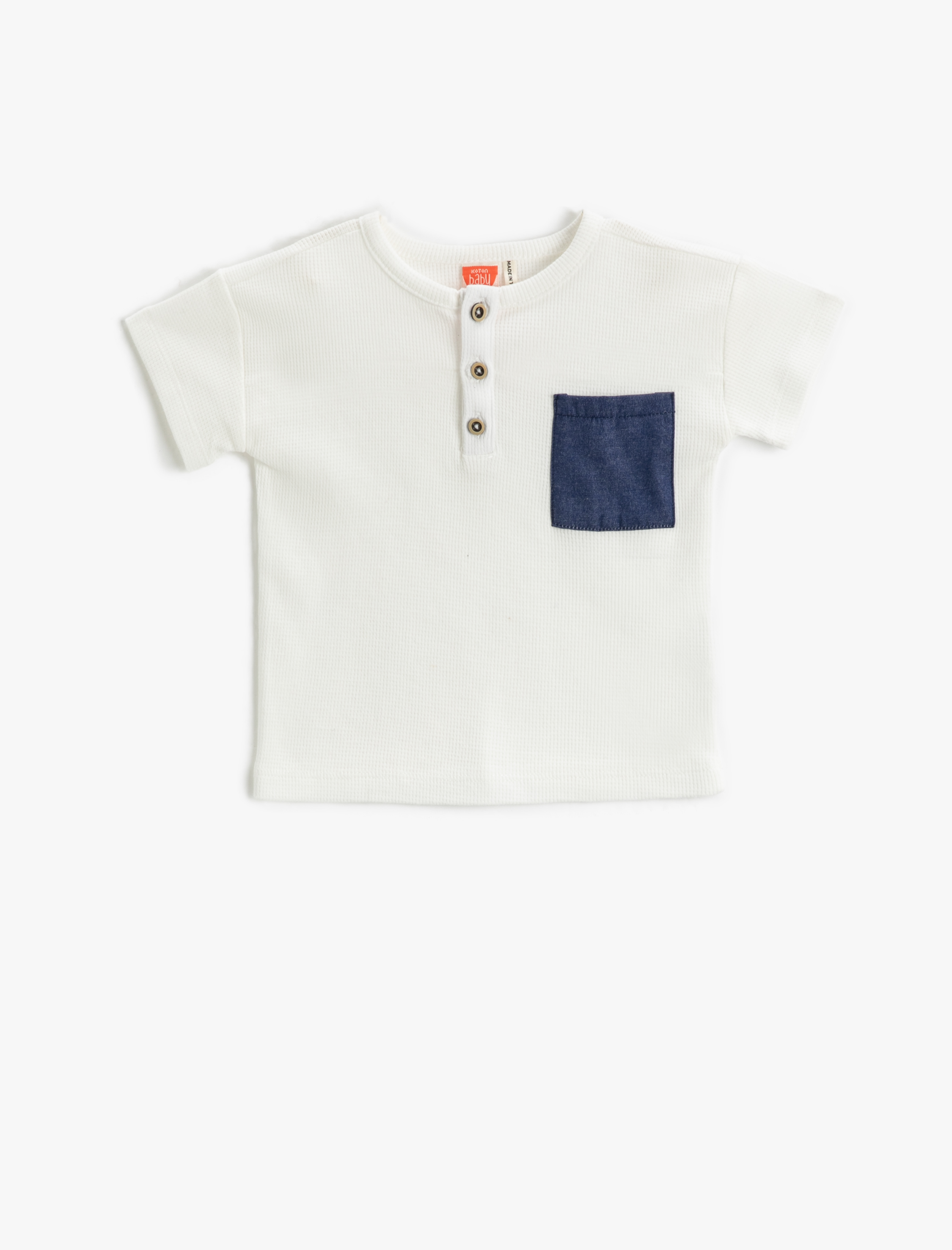  Erkek Bebek Dokulu Kısa Kollu Tişört Cep Detaylı Düğmeli Pamuklu