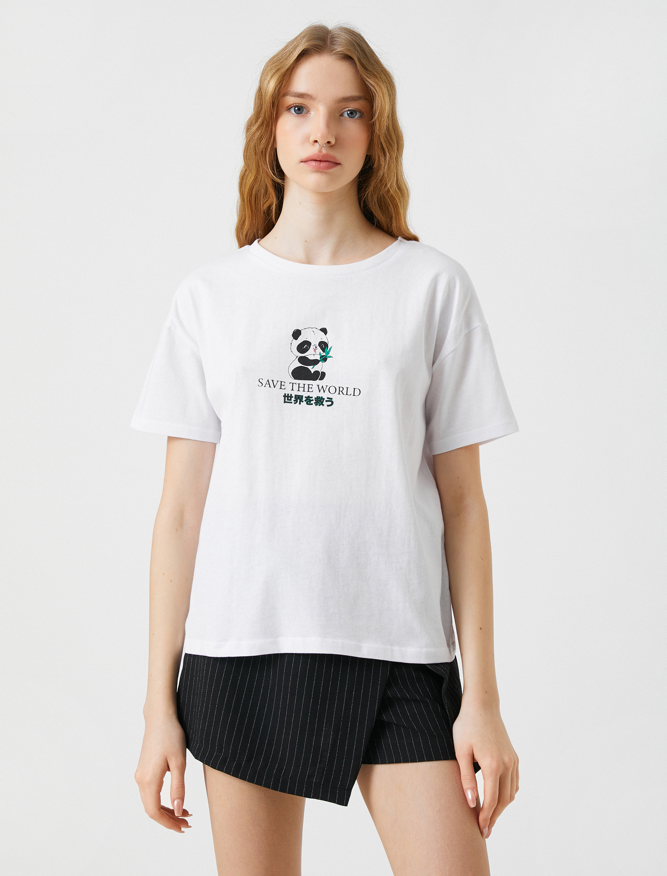   Uzak Doğu Baskılı Tişört Kısa Kollu Bisiklet Yaka Pamuklu