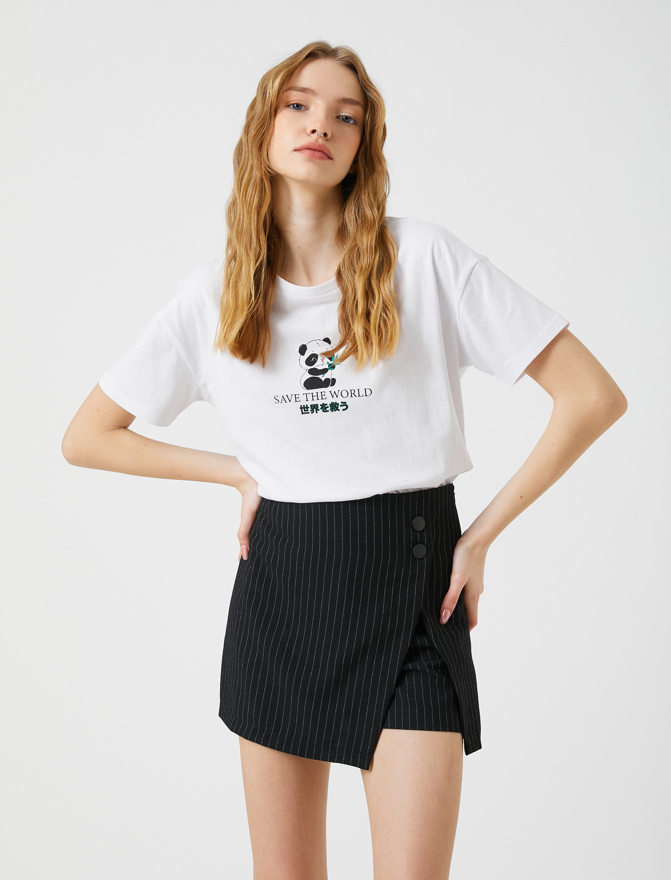   Uzak Doğu Baskılı Tişört Kısa Kollu Bisiklet Yaka Pamuklu