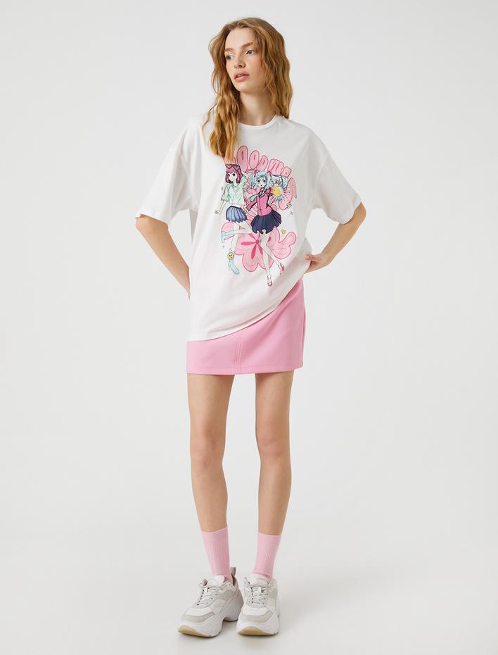  Oversize Anime Tişört Baskılı Kısa Kollu Bisiklet Yaka Pamuklu